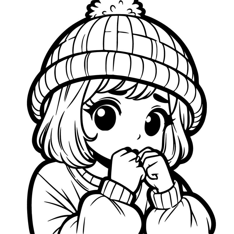 girl with puffy hat bitting on her fingernails