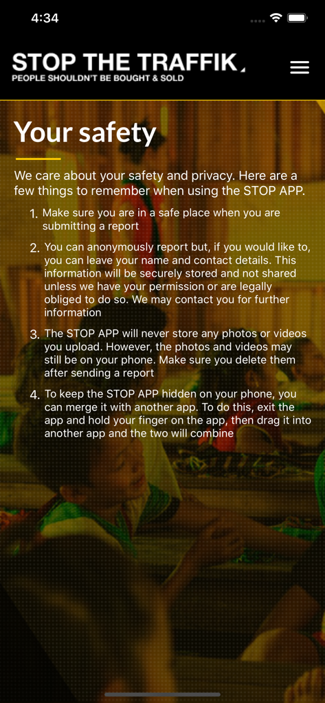 A screen from The STOP APP titled Your Safety providing four key tips for reporting trafficking suspicions securely and anonymously.