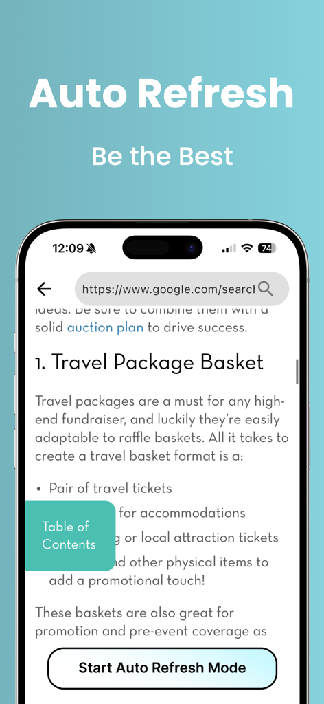 Auto Clicker: Tap Tool - ウェブページやオークションを監視するための自動更新機能を備えたAuto Clicker Tap Toolアプリを示すスマートフォンの画面。
