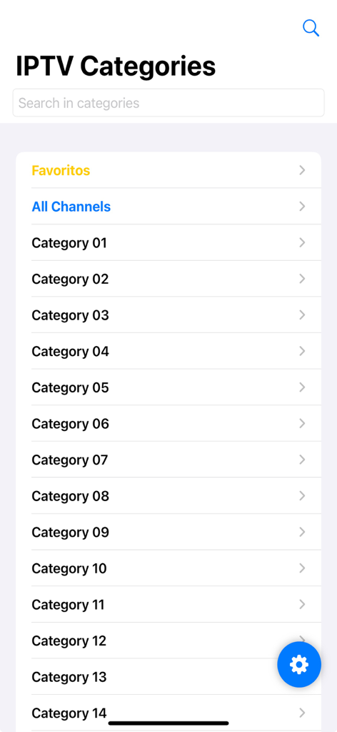 My IPTV app interface showing the categories and favorites menu.
