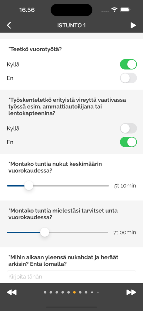Nettiterapiat - Una pantalla de aplicación de terapia online que muestra un cuestionario sobre hábitos de sueño con deslizadores para la duración del sueño y selectores para los patrones de trabajo.