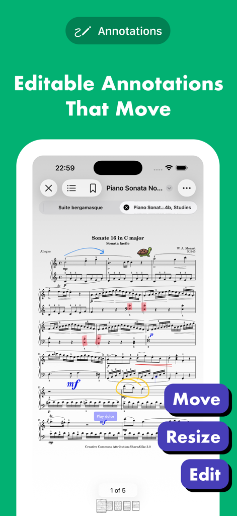 Interfaz de la aplicación digitalScore mostrando anotaciones de partituras editables con opciones de mover y redimensionar.