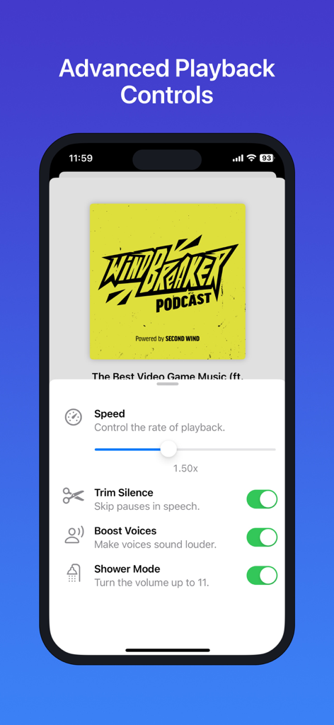 Advanced playback controls in Podcatcher app showing speed control and trim silence options.
