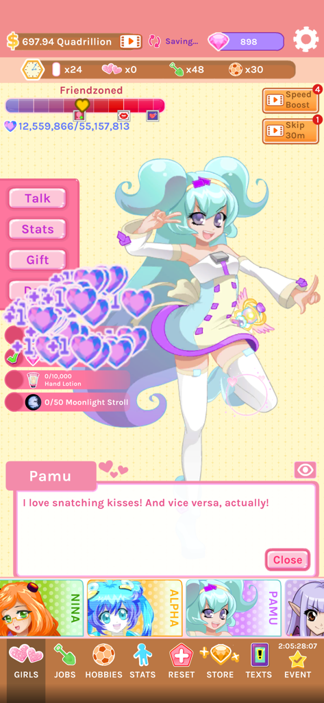 Crush Crush - Idle Dating Sim - Uma captura de tela do Crush Crush - Idle Dating Sim mostrando uma personagem de anime chamada Pamu com uma caixa de diálogo e interface de namoro.