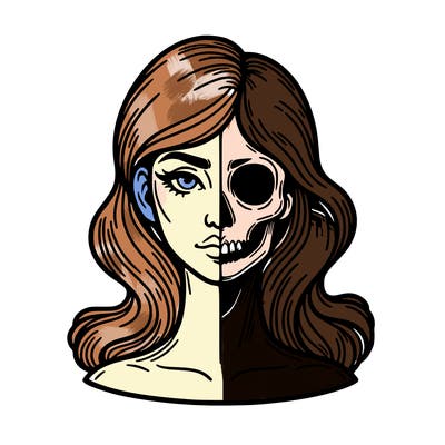 bust of a woman, half face and hair, half skull