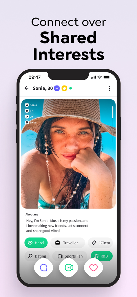 Waplog dating app user profile screen showing shared interests like music and sports with video call options