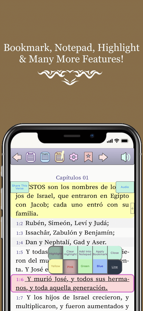 Biblia Reina Valera PRO-no ads - Spanish Bible app interface showing verse highlighting and notepad study tools