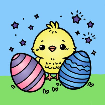 cute easter chick with eggs
