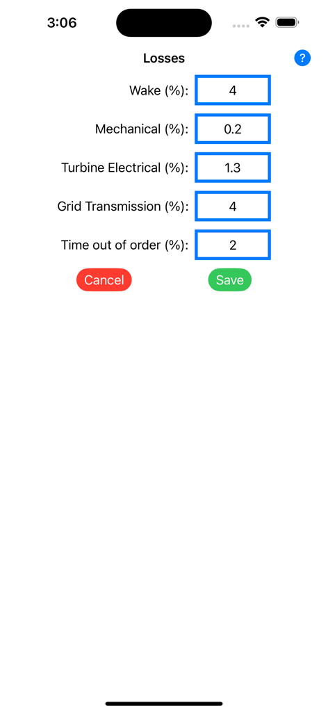 Wind Turbine Calculator - Wind turbine calculator screen for entering efficiency loss percentages like wake and mechanical losses