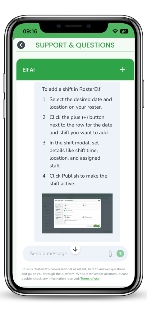 RosterElf app support screen featuring Elf AI chatbot providing step by step instructions for adding a shift