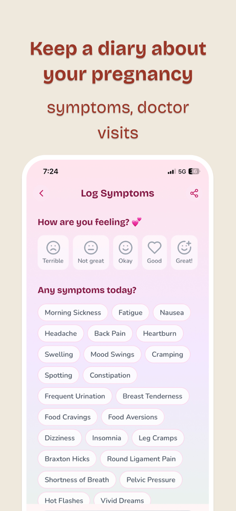 Pregnancy Tracker: Wombly - A screenshot of the Wombly pregnancy tracker app showing the symptom logging screen with mood icons and common pregnancy symptoms