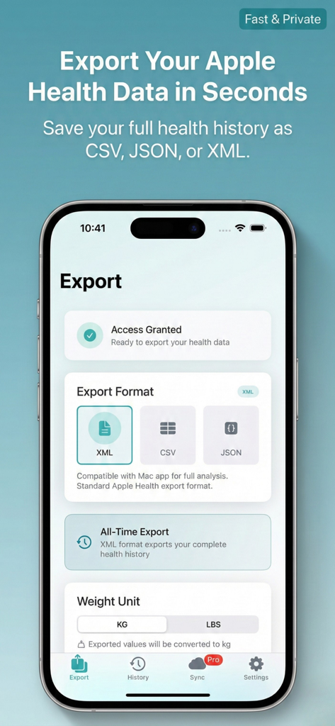 Health Data Export AI Analyzer - iPhone screen showing the export format options for Apple Health data in XML CSV and JSON formats
