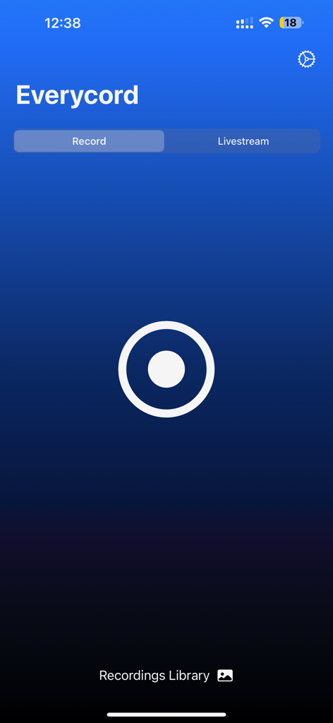 Main interface of EveryCord app showing the record and livestream tabs with a central recording button