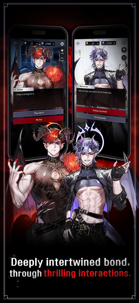Gameplay interaction screens and demon lord characters Satan and Mammon from Kiss in Hell Fantasy Otome