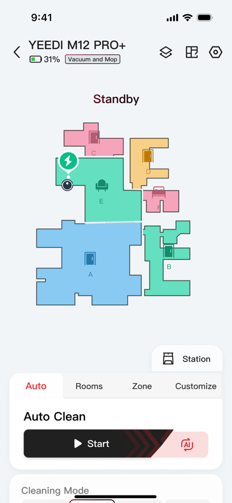 YEEDI - The YEEDI app interface displaying a colorful house map and an auto clean start button.