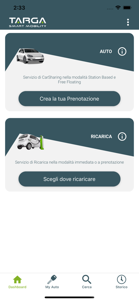 Targa Smart Mobility - Dashboard der Targa Smart Mobility App mit Carsharing- und EV-Ladefunktionen