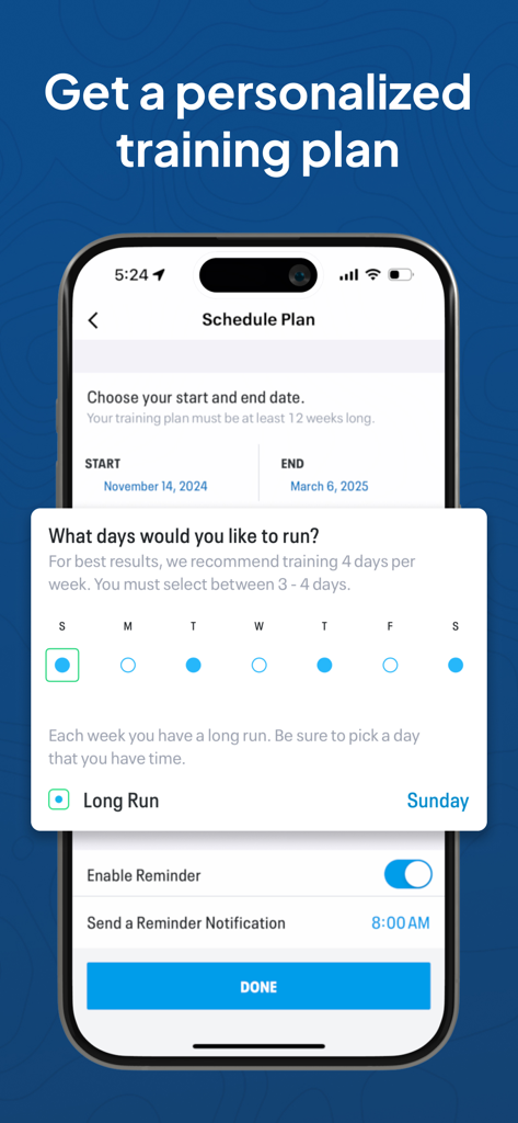 Map My Fitness Workout Tracker - Interface of the Map My Fitness app showing the scheduling screen for a personalized training plan