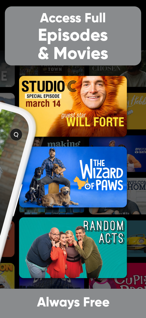 BYUtv: Stream Live TV & Movies - BYUtv mobile app interface showing free full episodes and family-friendly movies.