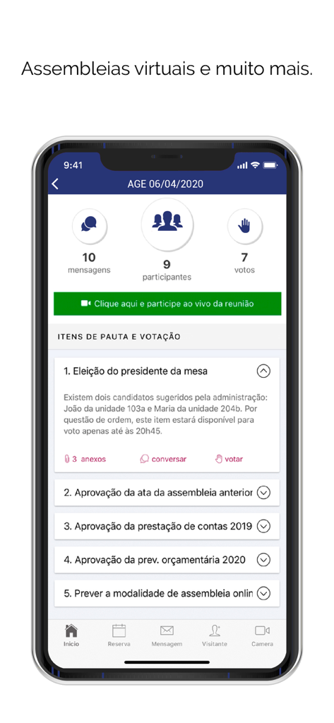 Athus Administradora - Mobile app screen showing a virtual meeting and voting portal for property management