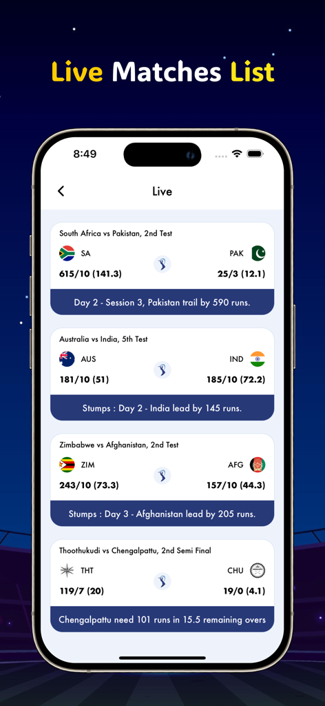 Live Cricket TV HD Sports - Pantalla de aplicación móvil que muestra una lista de partidos de cricket en vivo con marcadores en tiempo real y estado del partido para juegos internacionales y nacionales.