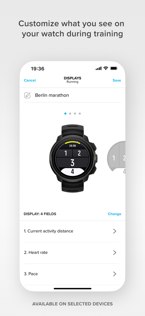 Interface of Suunto app showing customization of sports watch data fields for training