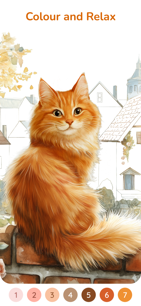 Happy Color by Numbers Game - Schermata Colora per numero che mostra un gatto arancione soffice su un muro di mattoni