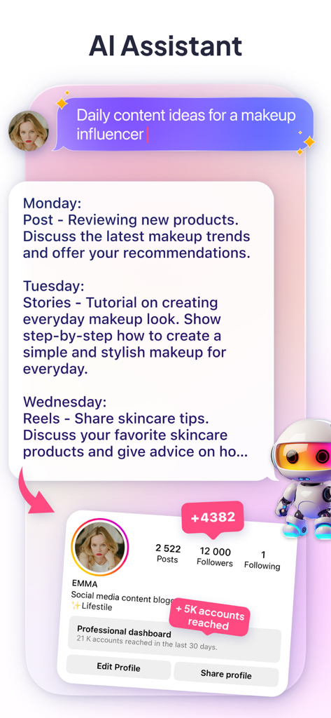 LOOMY app AI Assistant interface showing a weekly content schedule for influencers and social media growth analytics