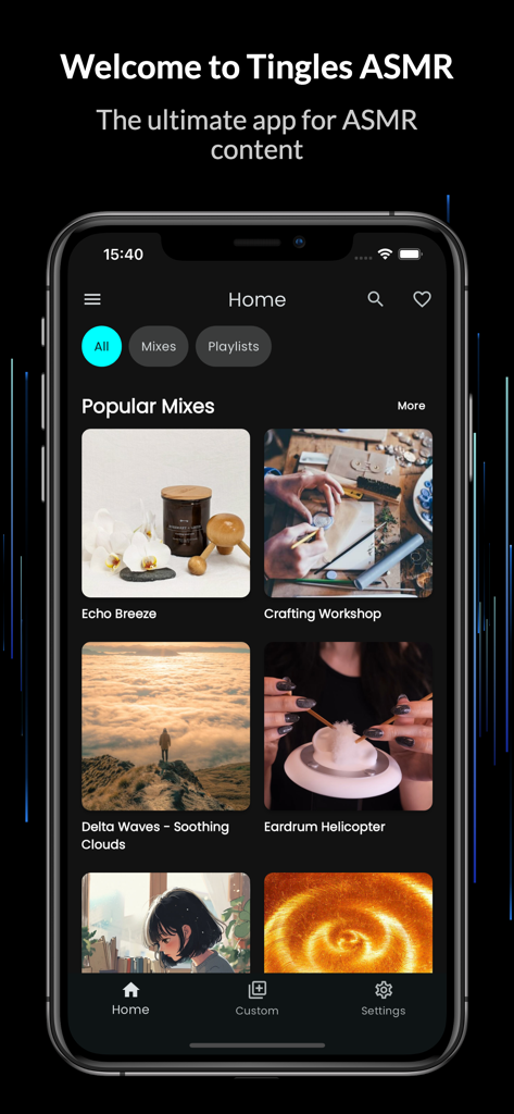 Pantalla de inicio de la aplicación Tingles ASMR con mezclas de sonidos populares