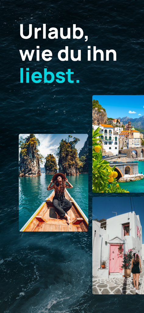 Urlaubsguru - Reisen & Urlaub - Banner dell'app Urlaubsguru con foto panoramiche di destinazioni tropicali e costiere