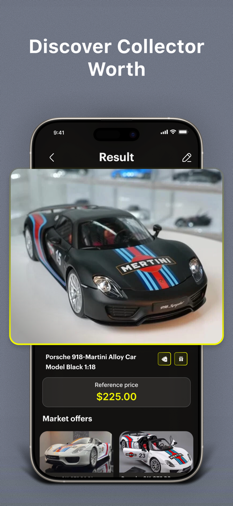 A mobile screen showing the scan result and market value of a Martini Porsche 918 diecast model car.