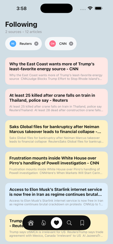 US Breaking News Alerts - Mobile app screen showing the Following section with news sources like Reuters and CNN and a list of current headlines.
