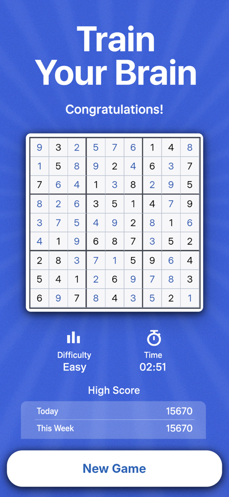 Sudoku Classic Offline Puzzle - Una cuadrícula de puzle de Sudoku completada sobre un fondo azul con el texto Entrena tu Cerebro y estadísticas del juego.