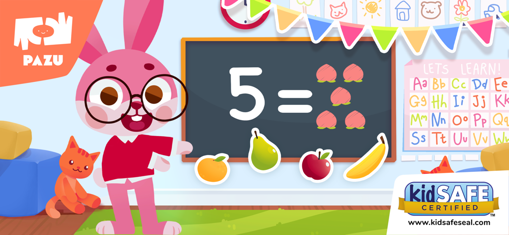 A pink rabbit character teaching toddler math and counting with fruits on a blackboard in the Pazu Mini app