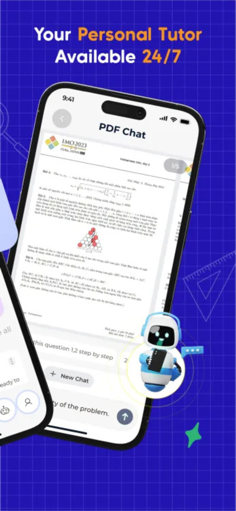 Libbot: AI Homework Helper - Aplicación móvil Libbot AI Homework Helper que muestra una interfaz de tutor personal con chat PDF y soluciones de matemáticas paso a paso disponibles 24/7.