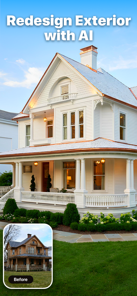 AI Home: Interior Design - Before and after comparison of a house exterior redesigned with AI