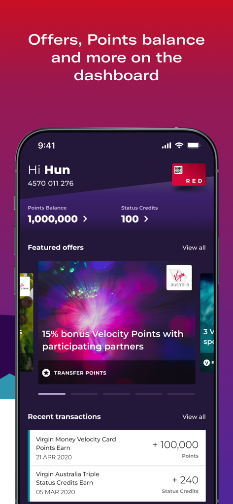 Velocity Frequent Flyer - Velocity Frequent Flyer app dashboard showing points balance and status credits