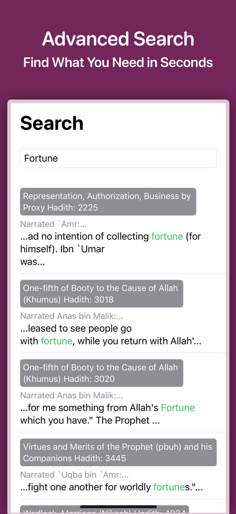 Sahih Bukhari By Imam Bukhari - Advanced search screen of the Sahih Bukhari app displaying Hadith results for the word fortune.