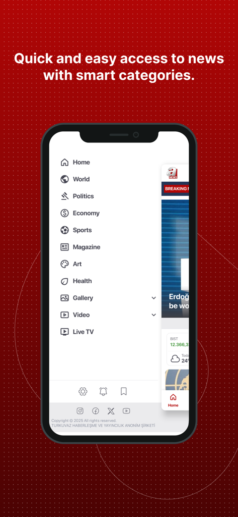 Sidebar menu of the A News app displaying various news categories on an iPhone screen