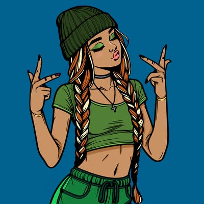realistic teenage girl with braids and a beanie and crop top doing 🫶🏼