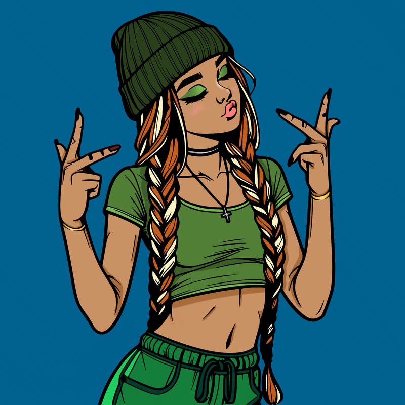 realistic teenage girl with braids and a beanie and crop top doing 🫶🏼