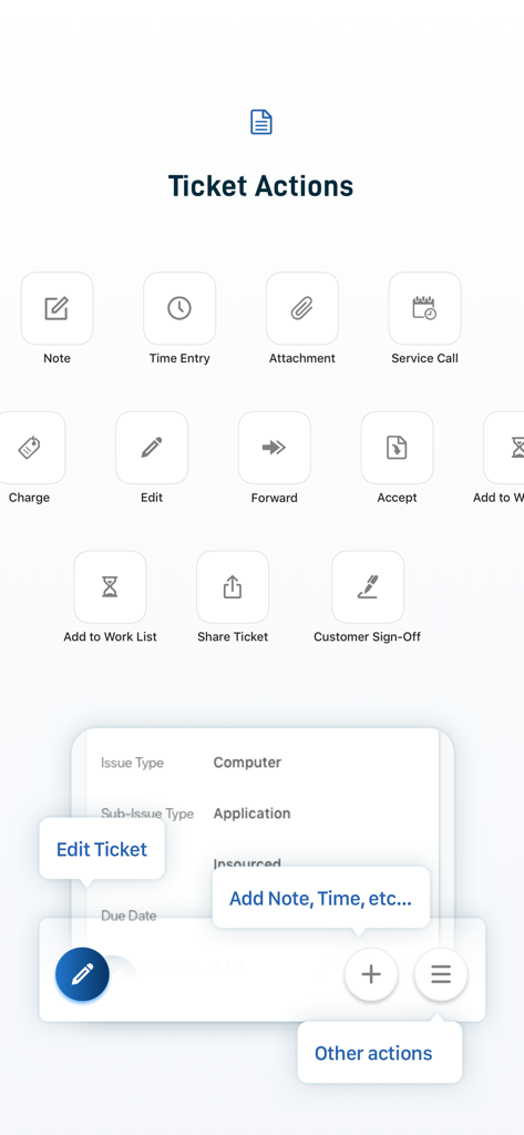 Autotask LiveMobile - Interface of the Autotask LiveMobile app showing various ticket management actions like time entry and notes