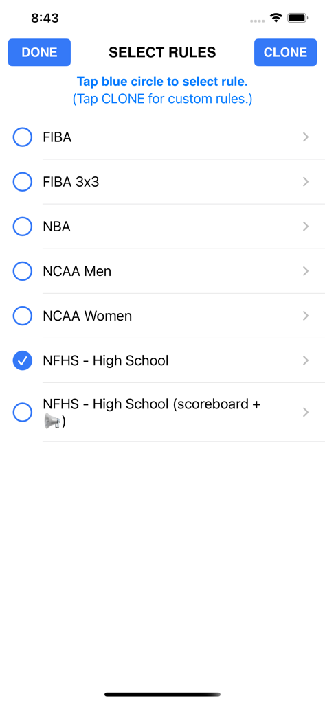 Basketball Scorebook+ - Screen for selecting basketball league rules including FIBA NBA NCAA and High School within the app