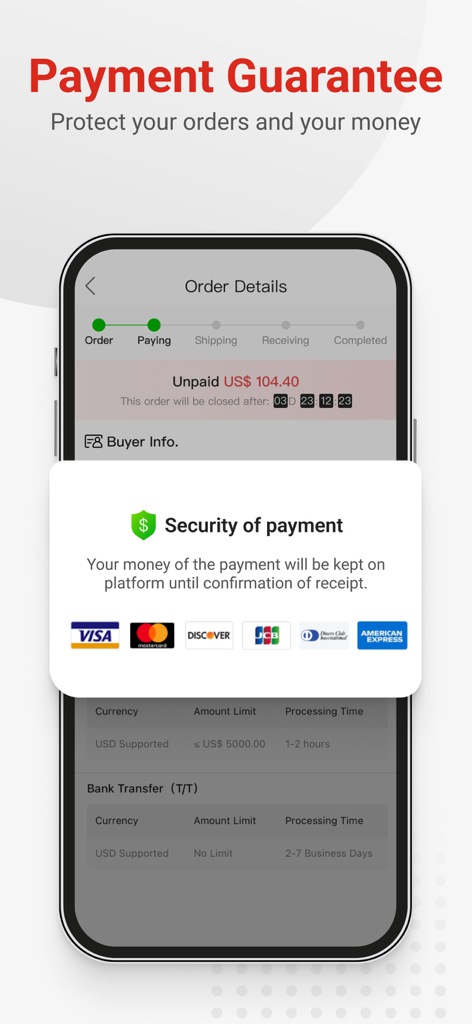 Made-in-China B2B Trade App - Made-in-China app secure payment guarantee screen with credit card options and order tracking