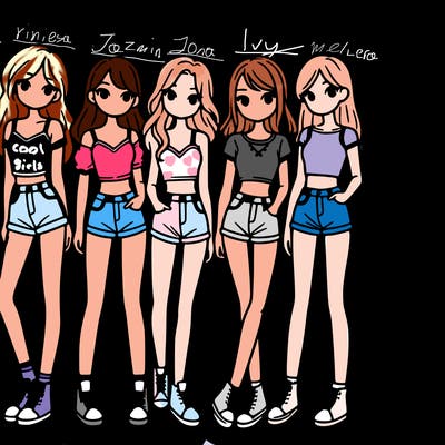 a group of girls wearing crop tops and shorts