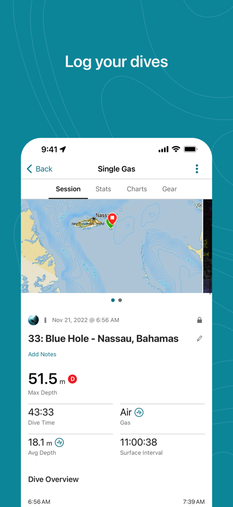 Garmin Dive app interface showing a detailed scuba dive log with depth and time metrics
