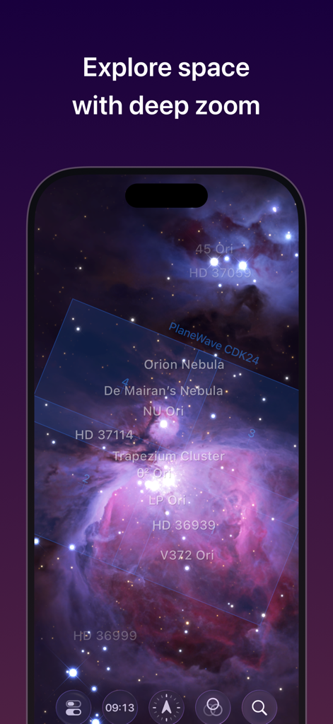 Sky Guide - Sky Guideアプリのインターフェース、オリオン星雲の詳細なズームビューを表示