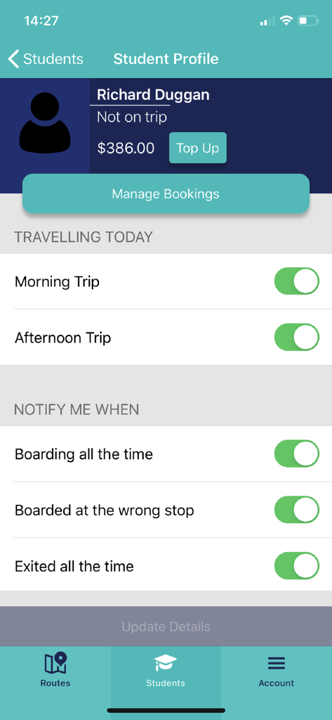 BusMinder Parent app student profile screen with notification settings for boarding and bus trips.