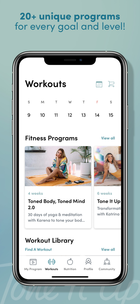Pantalla de entrenamientos de la aplicación Tone It Up con programas de fitness y horario semanal.
