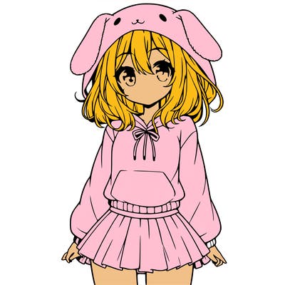pretty anime girl wearing a fluffy hoodie with bunny ears on the hood and a skirt