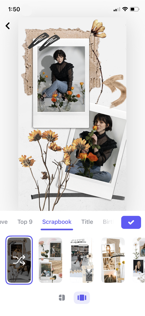 Scrapbooking numérique esthétique avec des photos Polaroid et des décorations de fleurs séchées.